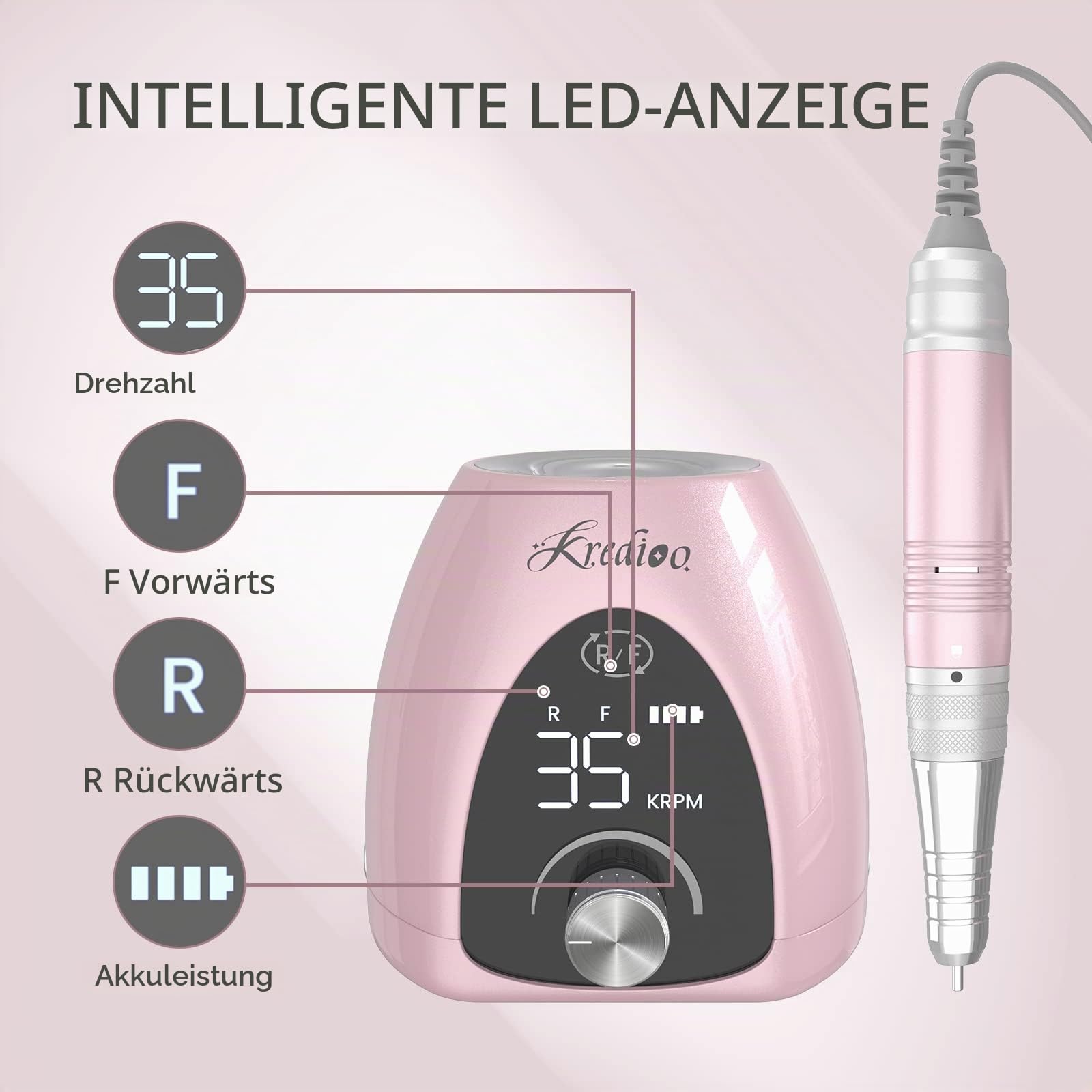 Nagelfräser für Gelnägel Aufladbare Elektrische Nagelfeile 35000 U/min Fräser mit LED Display & Fußpedal und 6 in 1 Bit USB Maniküre Pediküreset Elektrisch für Salon und Anfänger