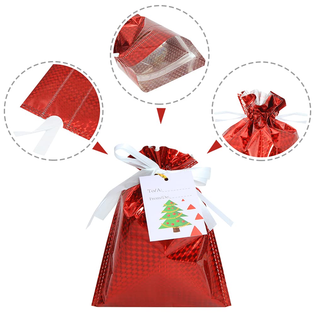 Lot de 30 sacs cadeaux de Noël avec cordon de serrage, sacs à friandises, sacs à friandises, sacs à friandises avec rubans et étiquettes en 5 tailles, pour famille, amis, enfants en toutes occasions