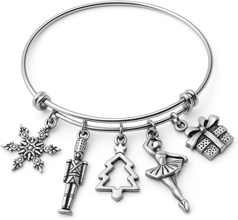 Nutcracker Ballet Christmas Charm Bracelet Silver Bangle with Snowflake Nutcracker Tree Ballerina Gift Charms Holiday Jewelry Handmade
