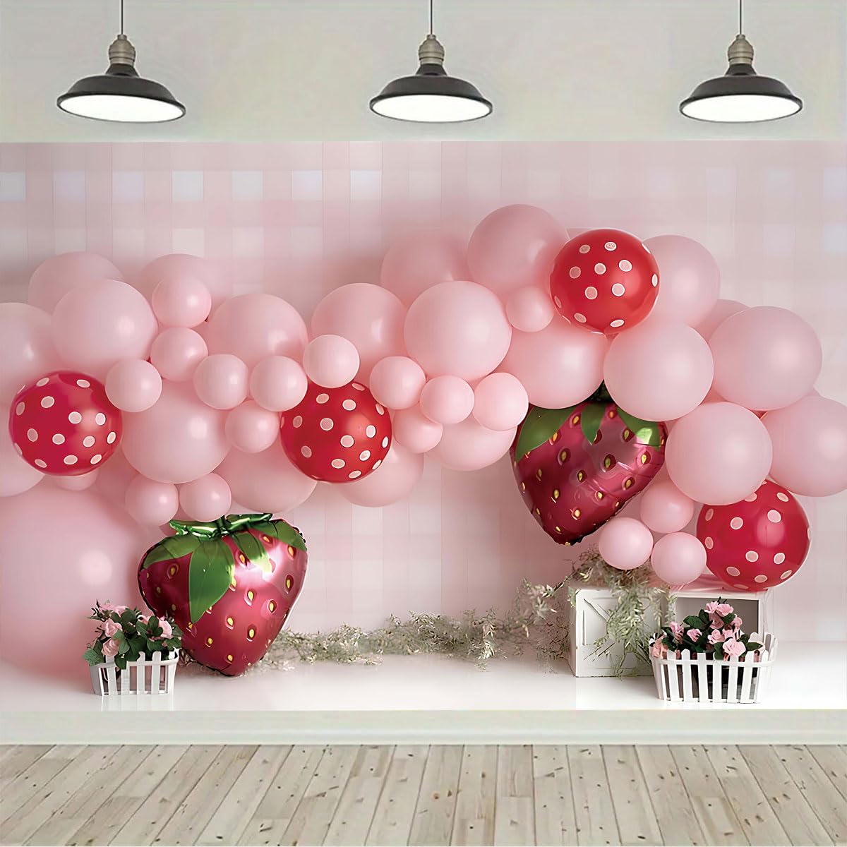 Pink Balloons Strawberry Photography Background Girls Birthday Party Decoration Sweet Berry First Birthday Party Supplies Kids Baby Shower Party Cake
