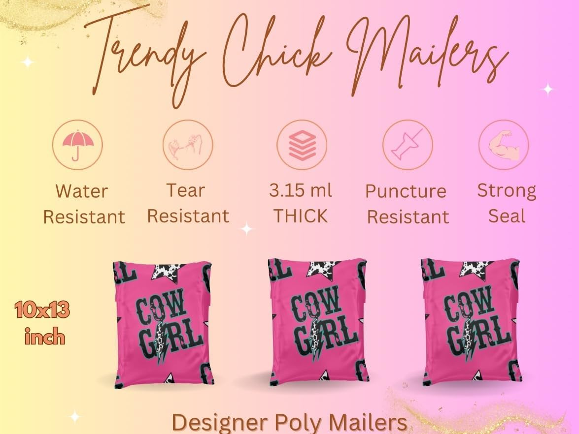 Poly Mailers - 25 Pack, Waterproof, Trendy Chick Mailers 3.15 mil - Heavy Duty, Tear Resistant Mailing Envelopes for small businesses | Cute Shipping Bags for clothing (Electric Cowgirl, 10x13)