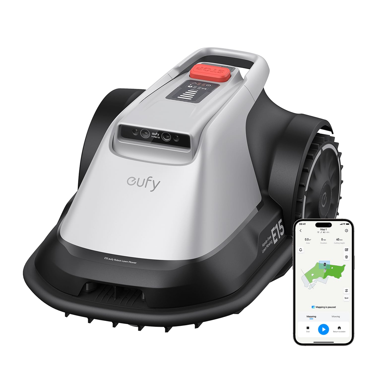 eufy E15 Cortacésped Robótico sin Cable Perimetral,Sin Señal Perdida, Sin RTK,TrueVision, Navegación Inteligente, Jardín hasta 800 m², Corte Preciso Bordes, Evita Obstáculos, Control por App