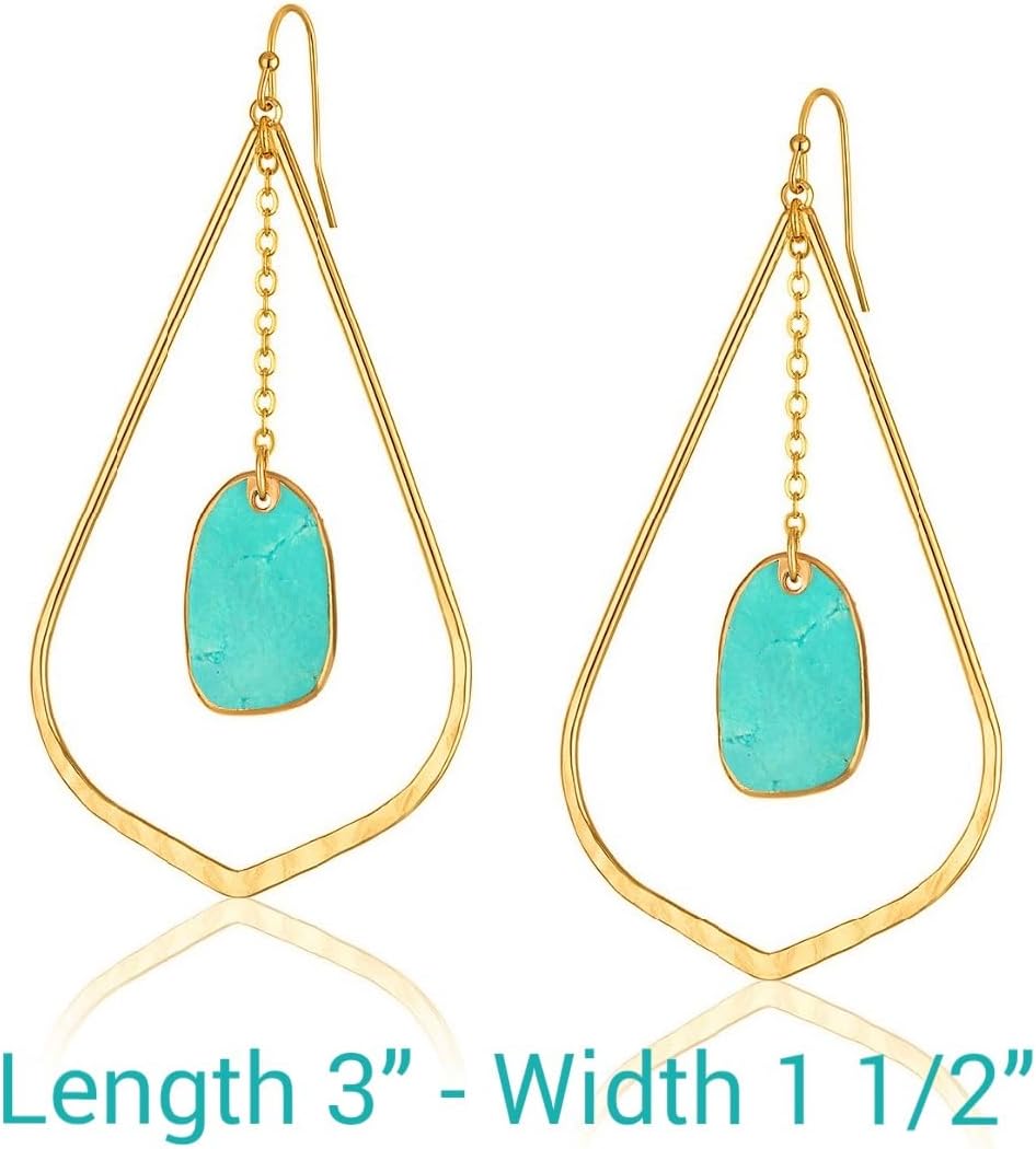 Gold Dangle Earrings with Turquoise Stone, Teardrop Statement Earrings, Lightweight Chain Drop Earrings for Women