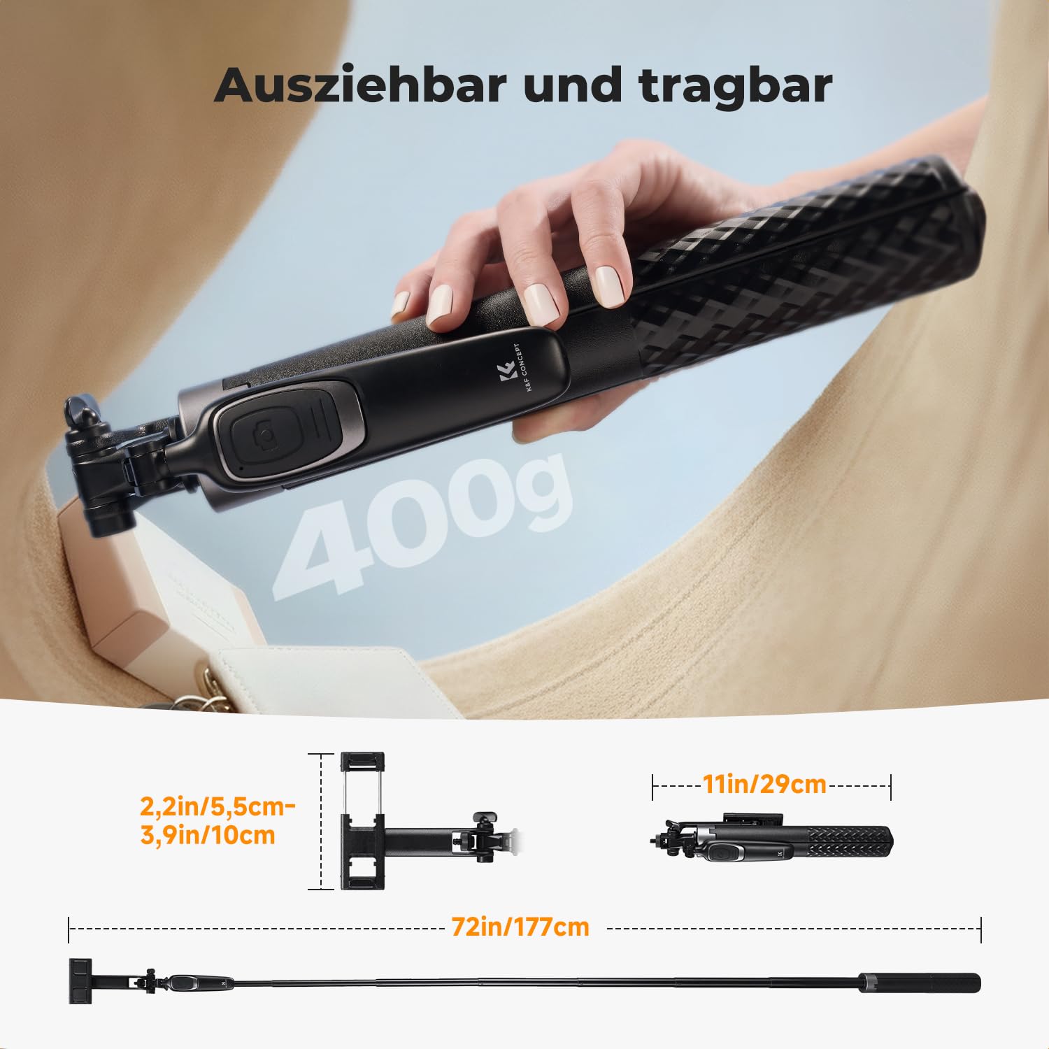 K&F CONCEPT Selfie Stick 180cm Selbstausfahrend, 4 Beine, 360° Griff, 1/4" Gewinde, Kompatibel mit iPhone/Samsung/Android & DJI Osmo Pocket 4/3/GoPro/Insta360