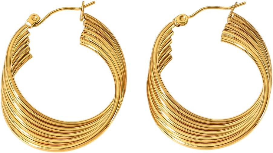 Statement Gold Twisted Hoop Earrings for Women – 18K Gold Plated, Textured Retro Style Lightweight Hoops for Casual and Elegant Outfits