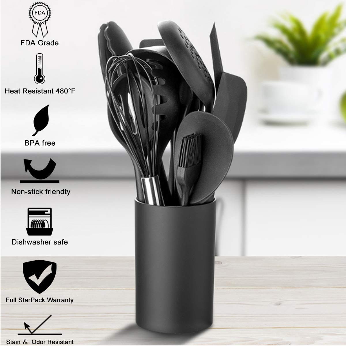 Ensemble 22 Pièces Ustensiles Cuisine Silicone Avec Crochets - Spatules Louches Noires