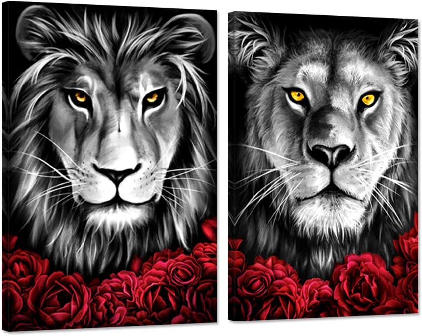 iHAPPYWALL 2 Pieces Set Lion and Lioness Canvas Wall Art Black and White Lion Red Flowers Animal Picture Artwork for Bedroom Home Decor Ready to Hang 16x24inchx2pcs
