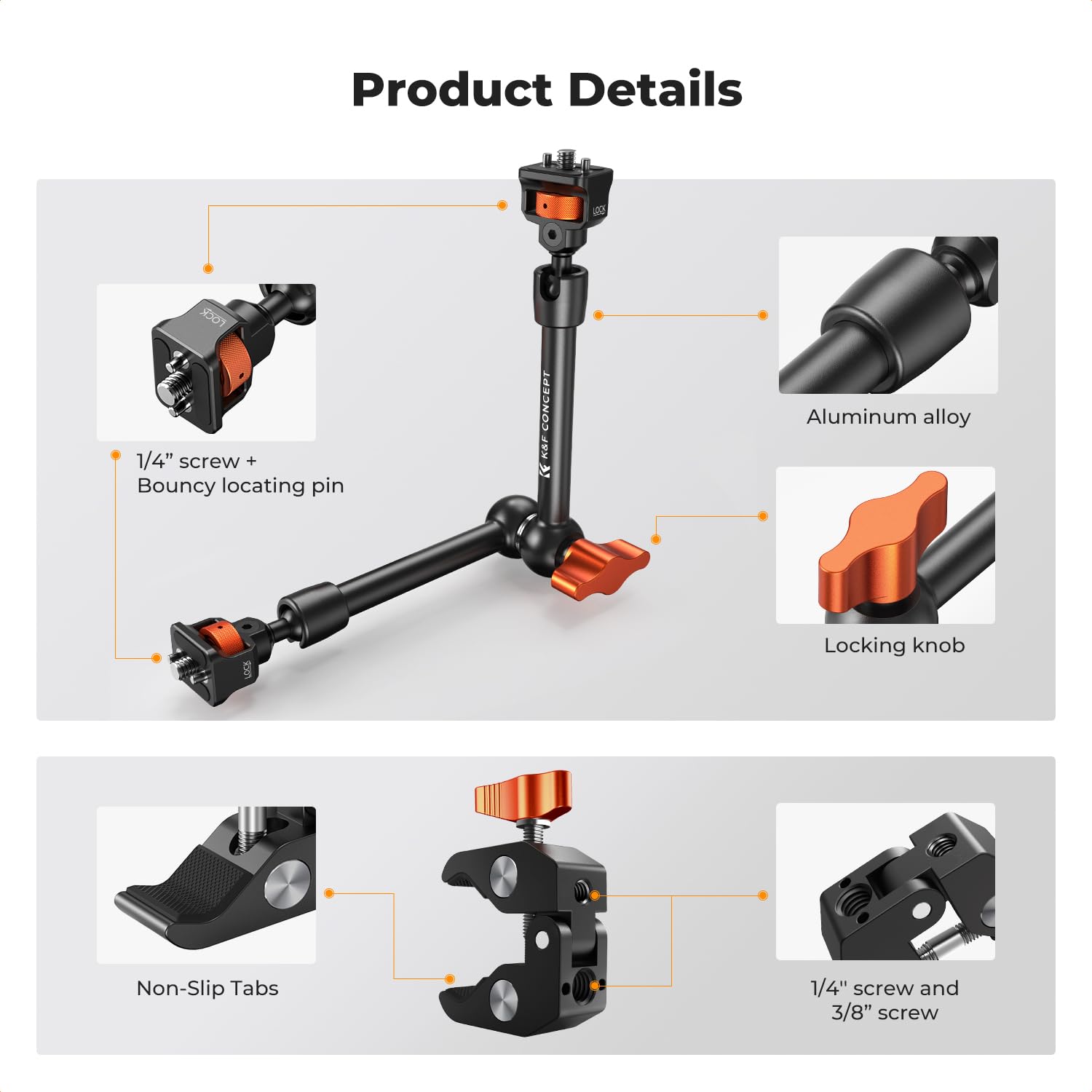 K&F CONCEPT 11" Magic Arm Clamp Kit with ARRI 1/4" & 3/8" Thread Screw, 360° Ball Heads Arm with Clamp Mount for DSLRs, Camera Cage, Monitor, LED Light, Webcam, Action Camera
