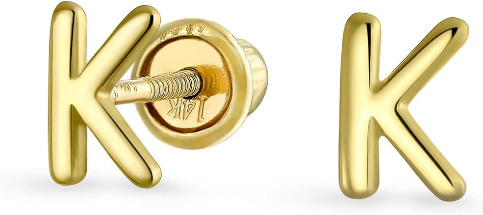 ABC Minimalist Real Yellow 14K Gold Capital Block Alphabet Letter Initial Stud Earrings Safety Ball Screw Back For Teen For Women