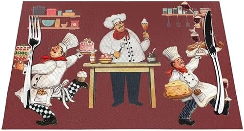 Juego de 4 manteles individuales con estampado de cocina de chef, restaurante, cocina, acuarela, manteles individuales de tela lavable para mesa de