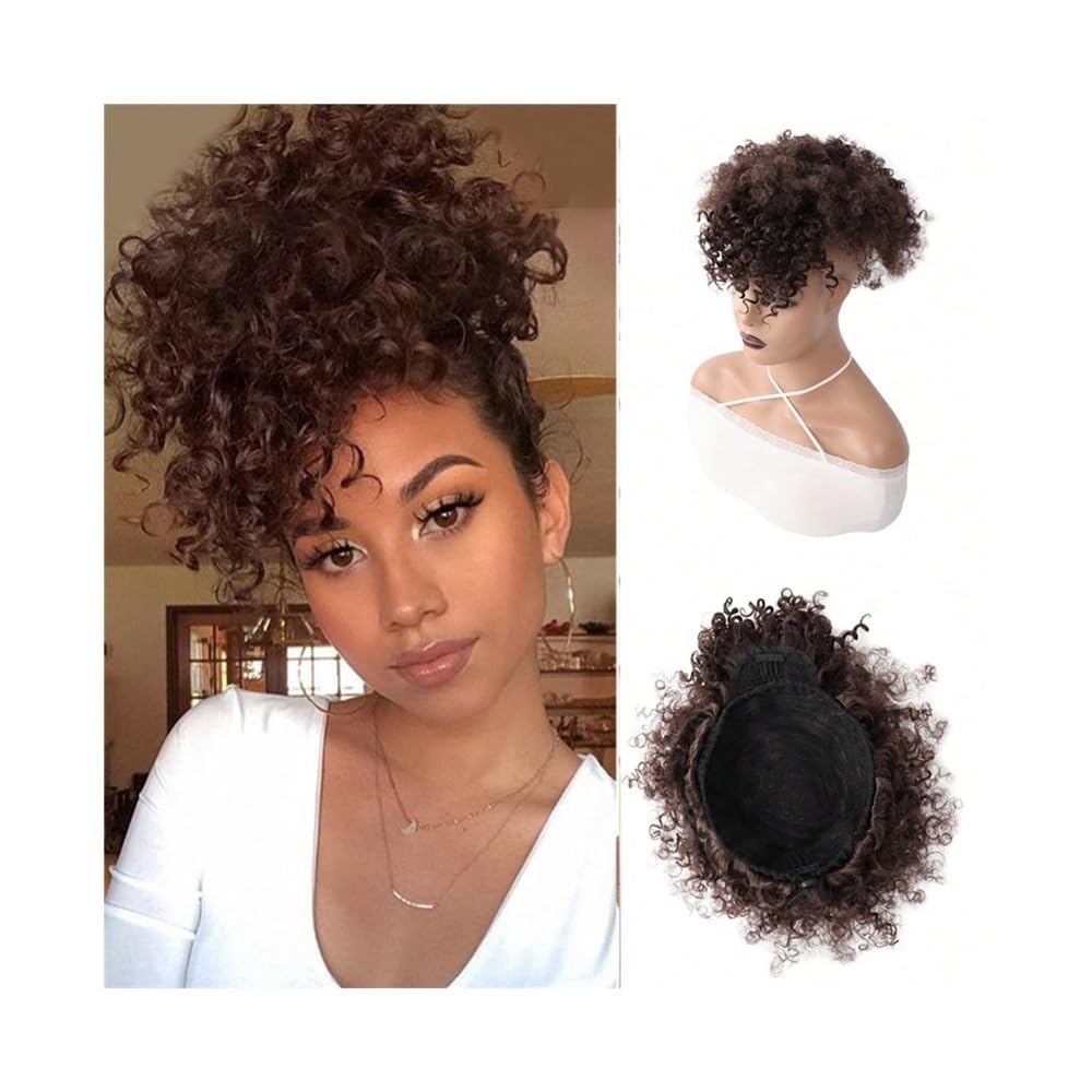 Hair Bun Afro Puff Drawstring Ponytail with Bangs Kinky Curly Hair Bun Hairpiece Pineapple Updo Hair for Black Women Scrunchies(1BTBurg)