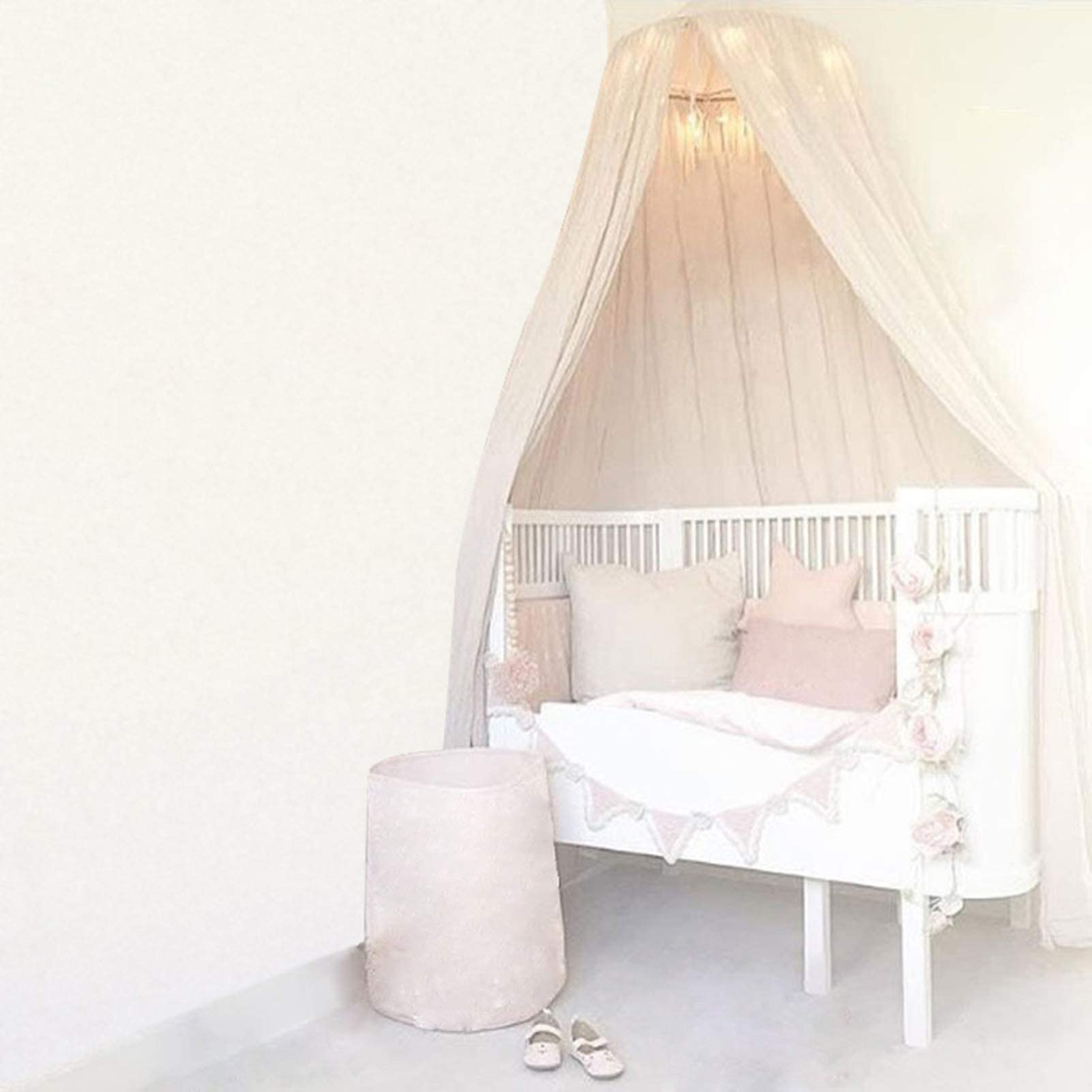 Rundes Babybett Moskitonetz Kuppel aus Baumwolle, Khaki Baldachin Vorhang für Kinderbett mit Stahlring, 235cm Höhe, 50cm Durchmesser, inkl. Montagezubehör
