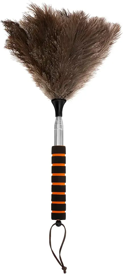 Espanador de penas de avestruz com cabo ergonômico, espanador de penas de avestruz natural fofo, haste de extensão de até 114 cm, suprimentos de limpeza de penas de avestruz para luminária
