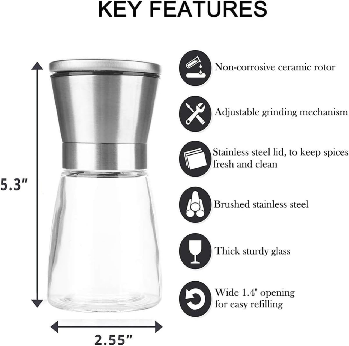 Stainless Steel Salt & Pepper Grinder Set - Adjustable Coarseness -9 Stainless Steel Salt & Pepper Grinder Set - Adjustable Coarseness -9