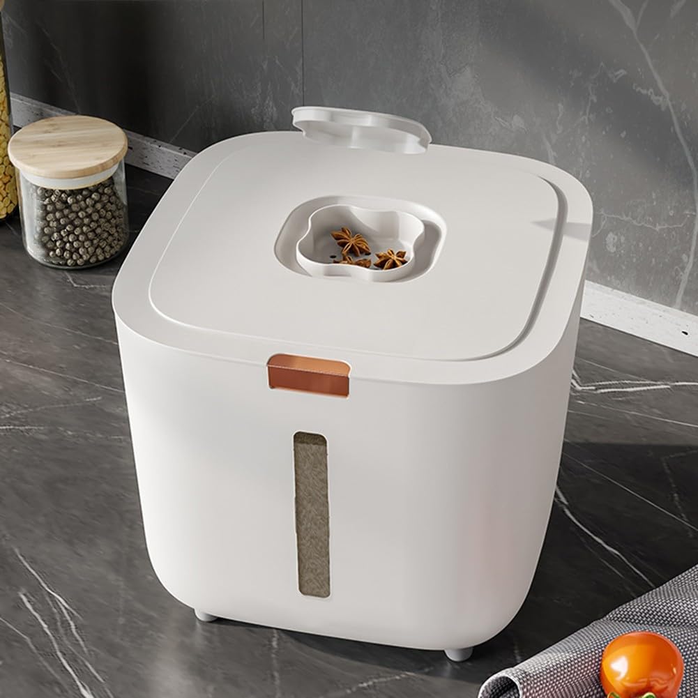 Récipient de stockage de riz résistant à l'humidité avec couvercle scellé et distributeur de presse, pour l'organisation de la cuisine, boîte en plastique ABS blanc (20 kg)