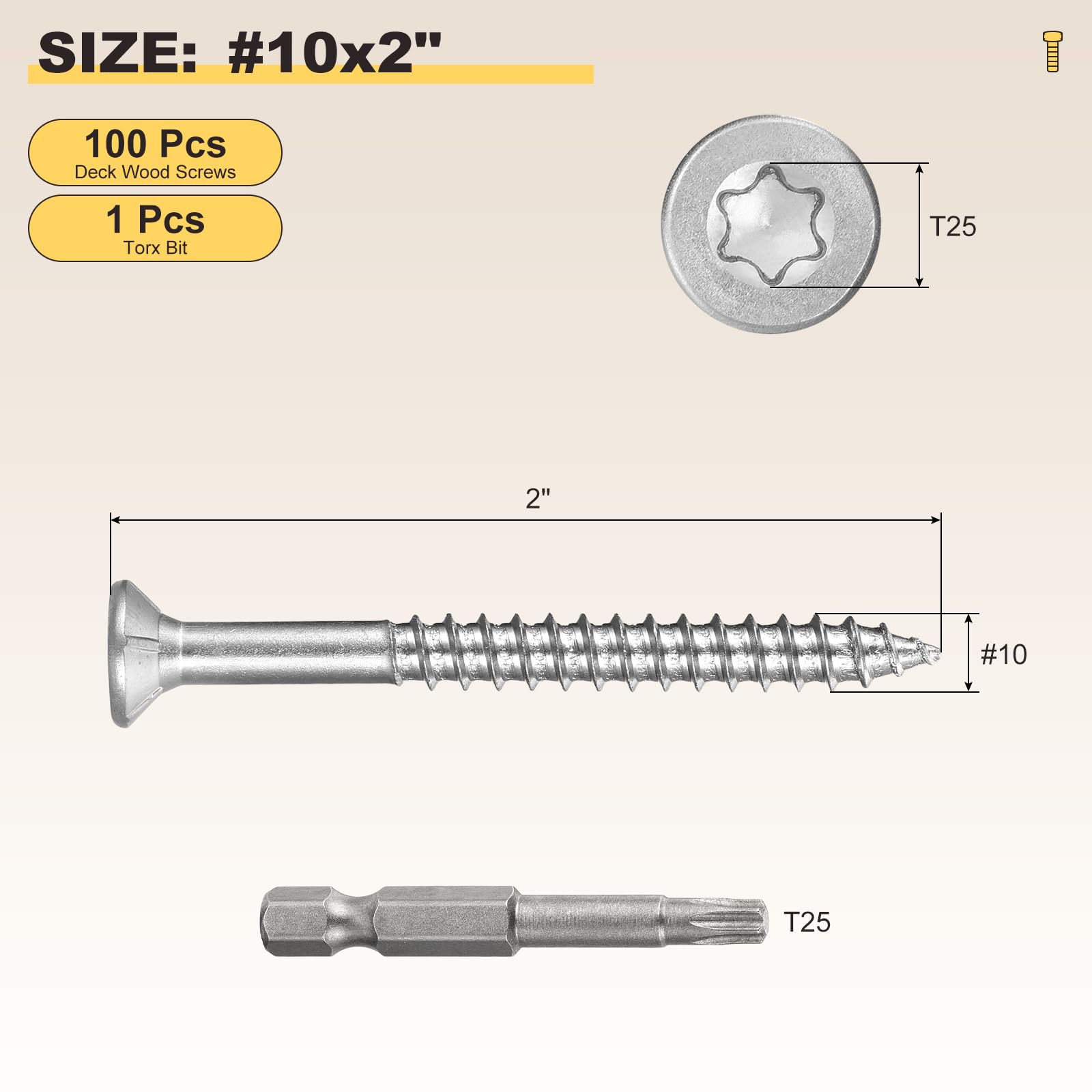 METALLIXITY Deck Screws (#10x2") 100Pcs, 410 Stainless Steel Wood Screw Decking Screws with T25 Torx Drive Head - Image 2