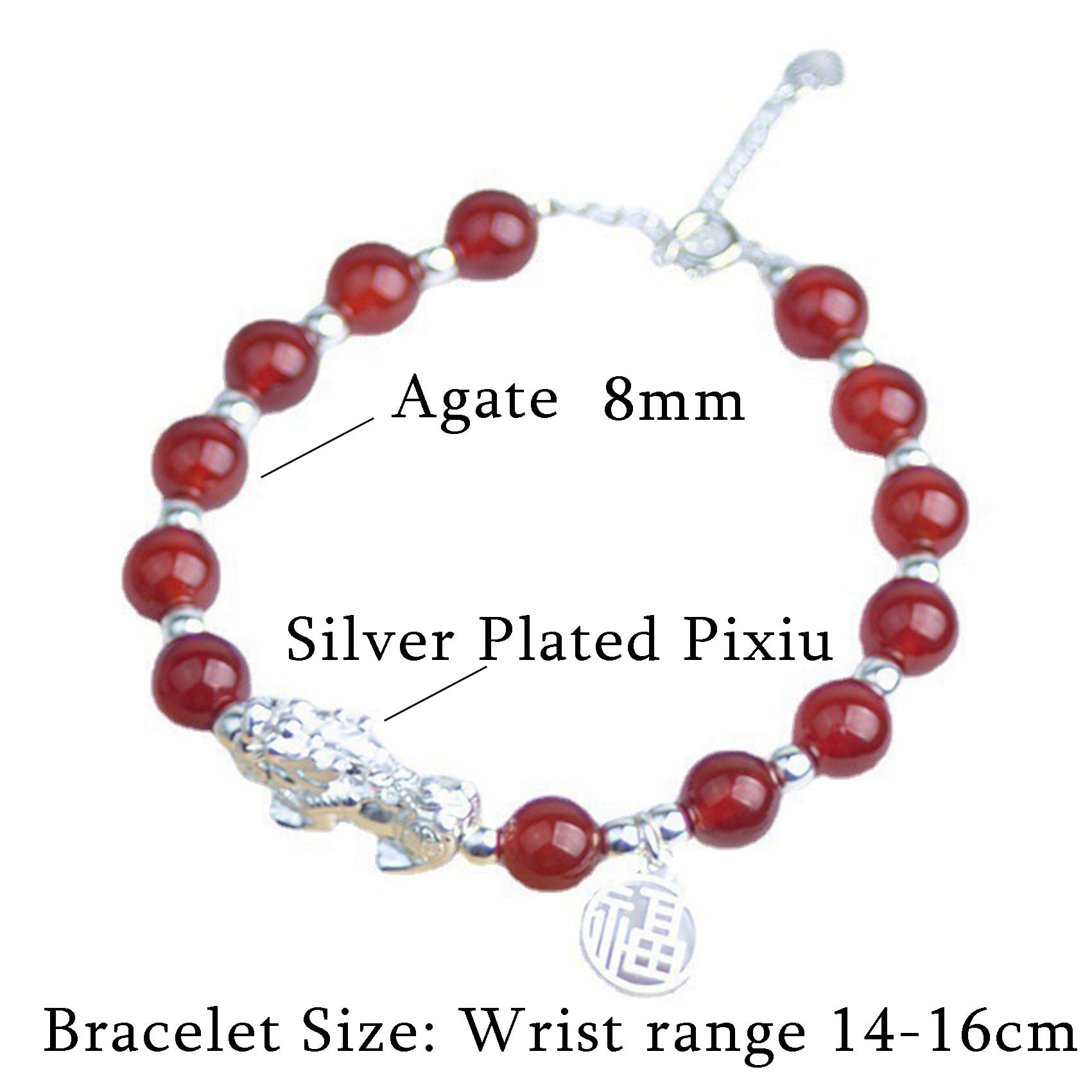 Feng Shui-Armband/Armband, rotes Achat-Armband, Silber, verheißungsvolles Drachen-Armband, verstellbares Kristall-Chakra-Steine-Armband, Amulett, Reichtum, Talisman, Unisex, 6 mm
