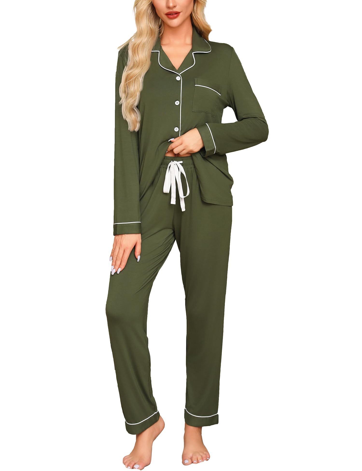 Anjue Button Up Pajamas for Women Long Sleeve Shirt and Pajama Pants Lounge Sets S-XXL