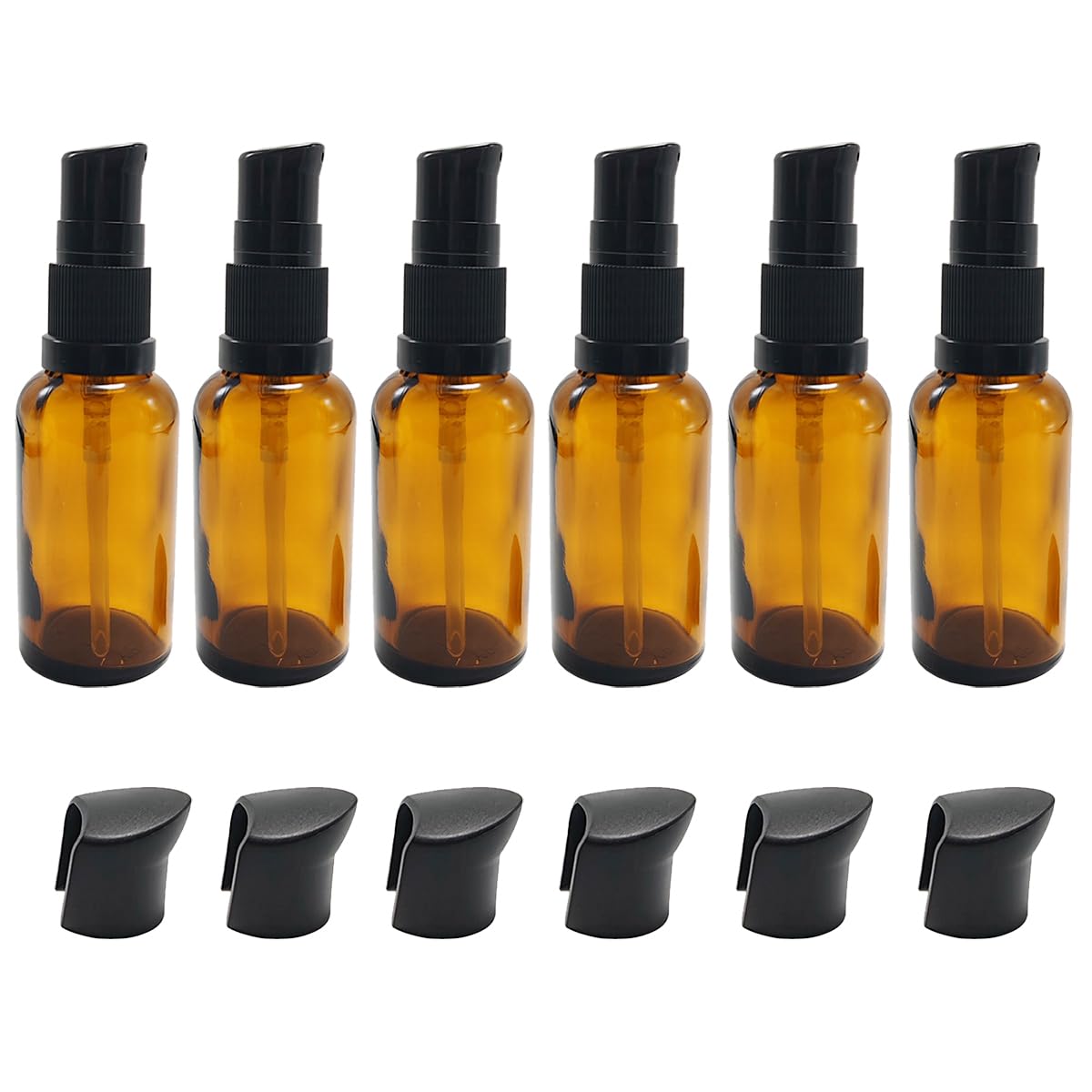 6PCS Empty Refillable Amber Glass Pump Press Bottles Sample Storage Container Vial Holder Cosmetic Jars Pot for Makeup Facial Cleanser Lotion Emulsion Serum 30ml/1oz