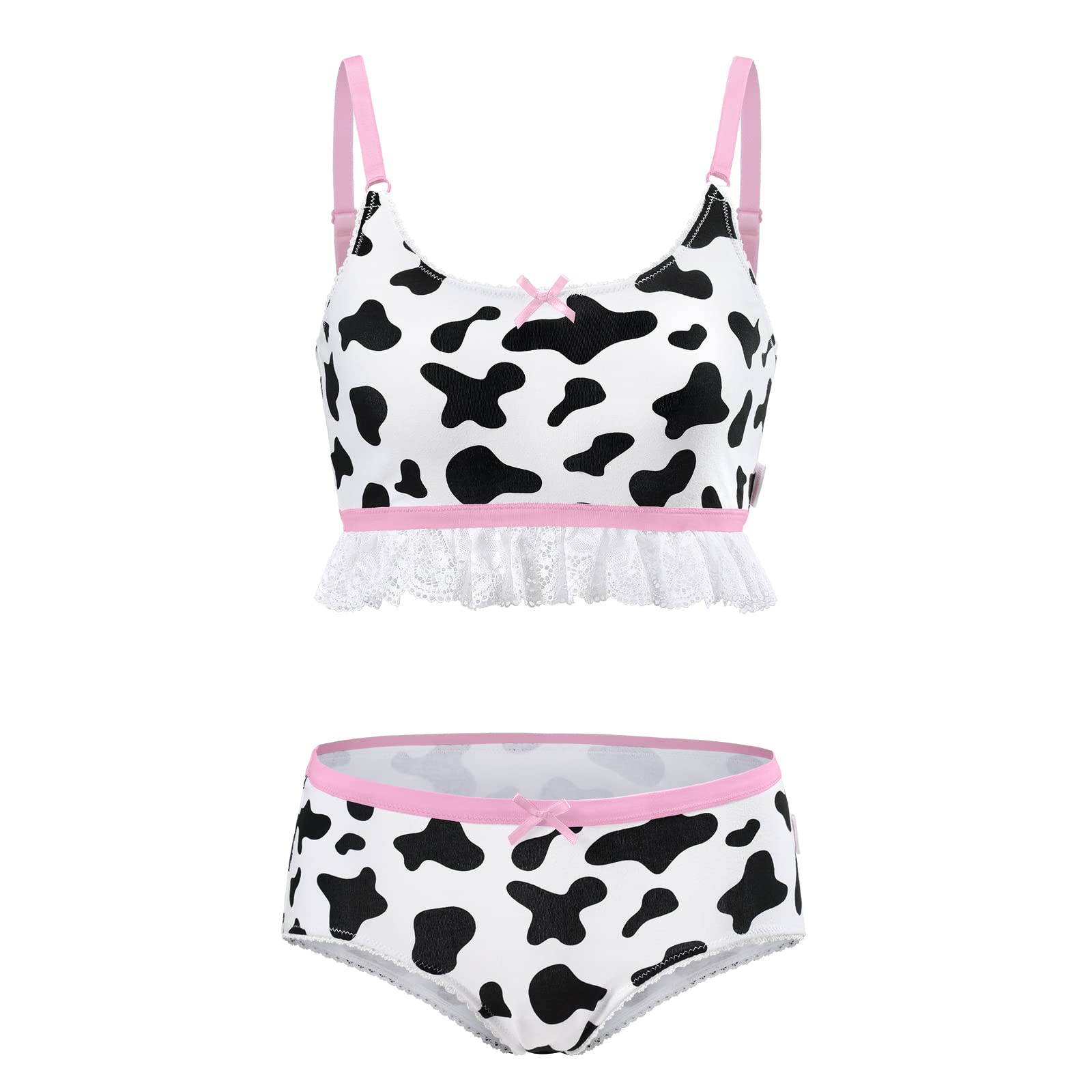 Littleforbig Lacy Trim Women Nightwear Strap Sleepwear Cami Top Shorts Lingerie Bralette Loungewear Set - Milk Cow: Medium White