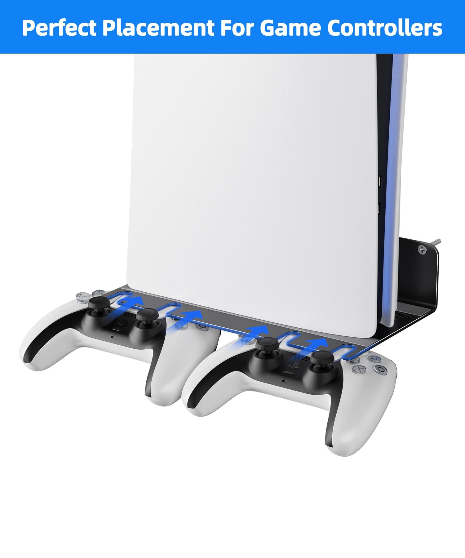 PS5 - Soporte de pared de aleación de aluminio compatible con todas las generaciones de PS5, sostiene dos controladores, disipación de calor sin obstáculos, accesorios universales para sala