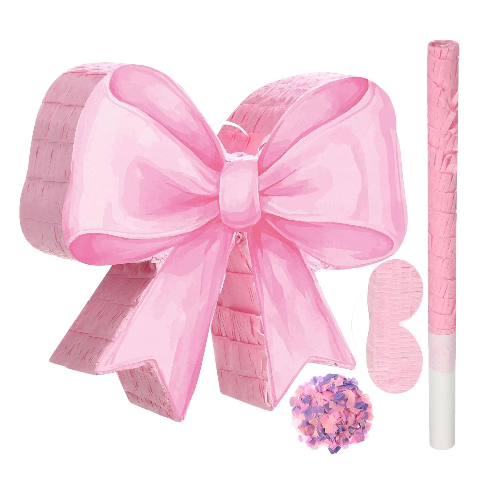 Operitacx Piñata rosa con lazo para niña, el set de piñata rosa con lazo incluye un palo, una máscara para los ojos y confeti, lindas decoraciones para fiestas de cumpleaños, artículos para fiestas