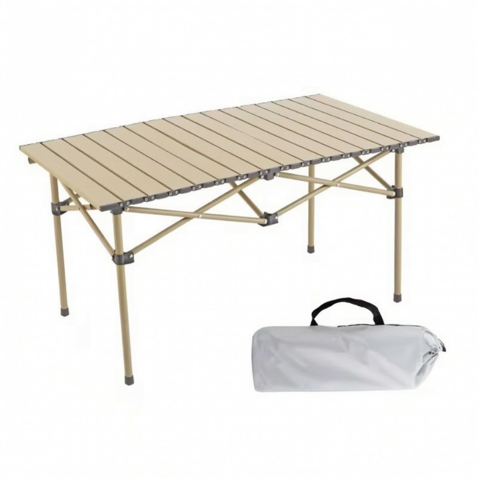 Mesa Plegable Acero con Estructura en X y Tablero Ranurado para Montaje Rapido y Almacenamiento Facil para Camping Barbacoa Playa Acuado para Cenas Exteriores scanso Familiar Picnic, Beige