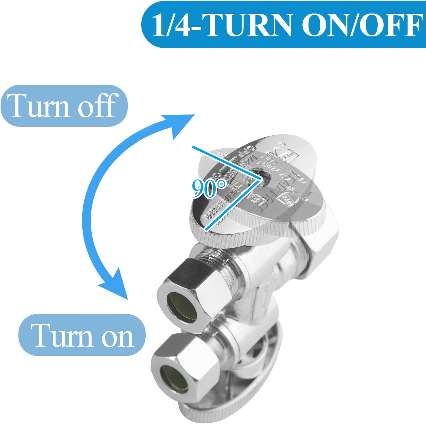 WiseWater 1/2" NOM (5/8" OD) x 3/8" OD x 3/8" OD Compression Dual Shut Off Valve, Chrome Plated Brass 1/4 Turn Double Straight Stop for Refrigerator, Ice Maker, Coffee Brewers, Water Filters (2 Pack)