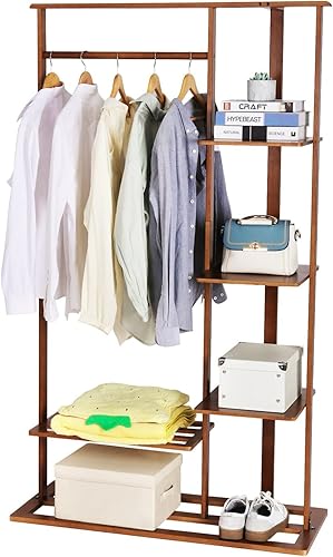 Miniatura 5 de Árbol de bambú 3 en 1, perchero con estantes y banco de zapatos, organizador de ropa resistente con barra para colgar