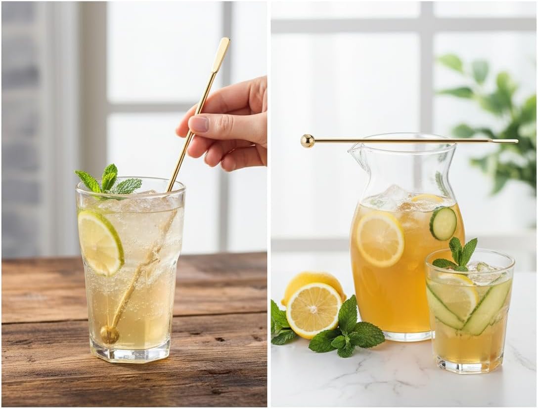 5 Pcs Reusable Stainless Steel Coffee Beverage Stirrers Stir Cocktail Drink Swizzle Stick with Small Rectangular Paddles (Gold)