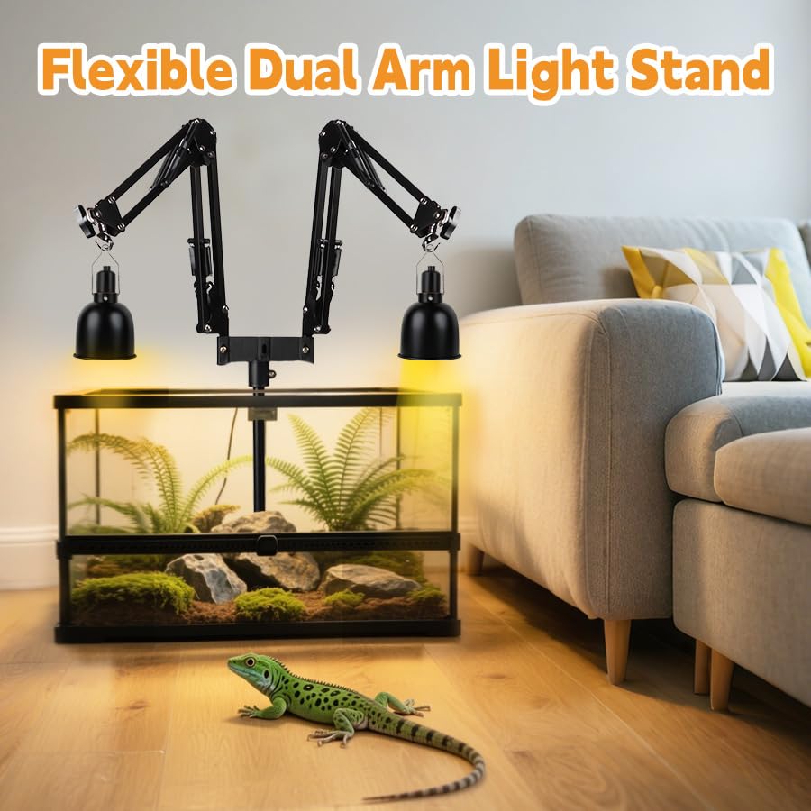 Supporto per lampada rettile, regolabile, rotazione a 360°, porta lampada rettile, con base, per terrario, per tartarughe, ragno (2 ganci) (2 ganci)