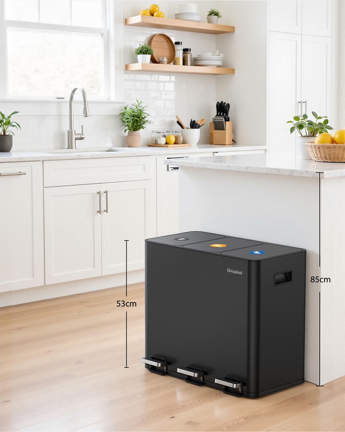 lovewind Mülleimer, 3 x 17 l Recyclingeimer, 3-Fach-Mülleimer für Recycling und Abfall, inklusive magnetisches Etikett, Soft-Close-Deckel, Pedale, Inneneimer, Stahl,Schwarz