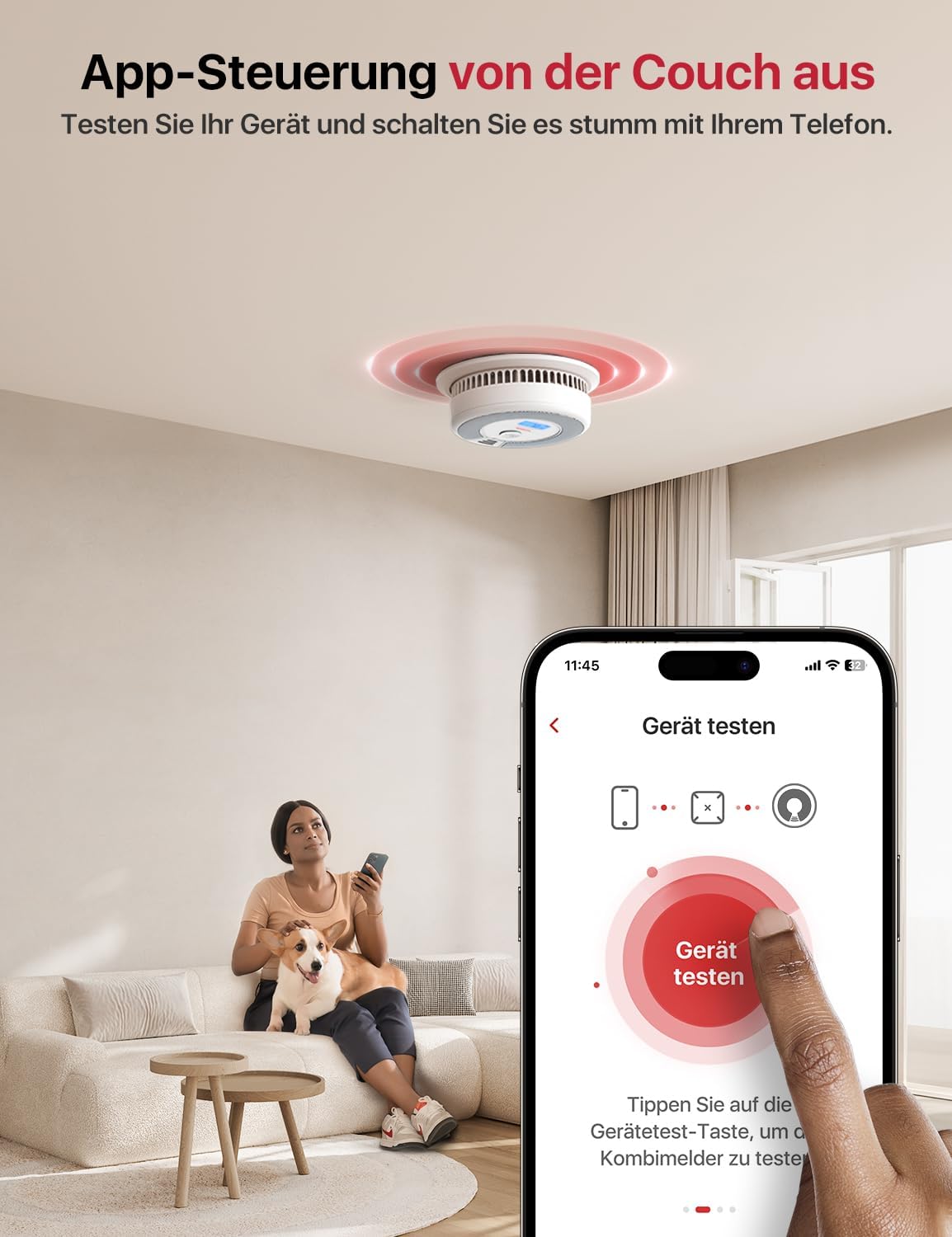 A person using the X-Sense app on a smartphone to test a ceiling-mounted detector from a couch, with a dog nearby.