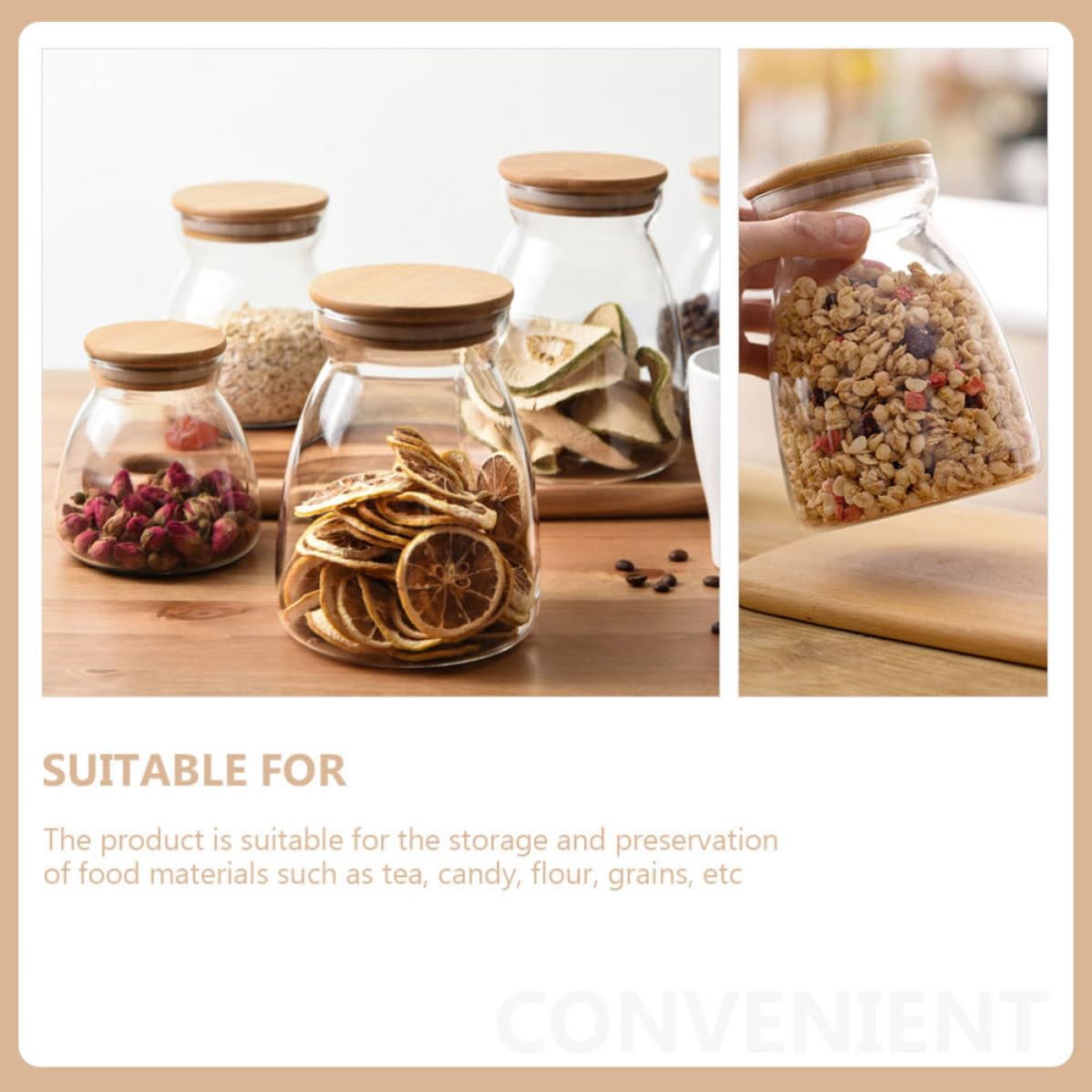 MAGICLULU Recipientes de Vidrio Borosilicato 2 Piezas Tapa de Madera y Silicona Capacidad 1000ml para Almacenamiento de Alimentos y Granos para Escritorio