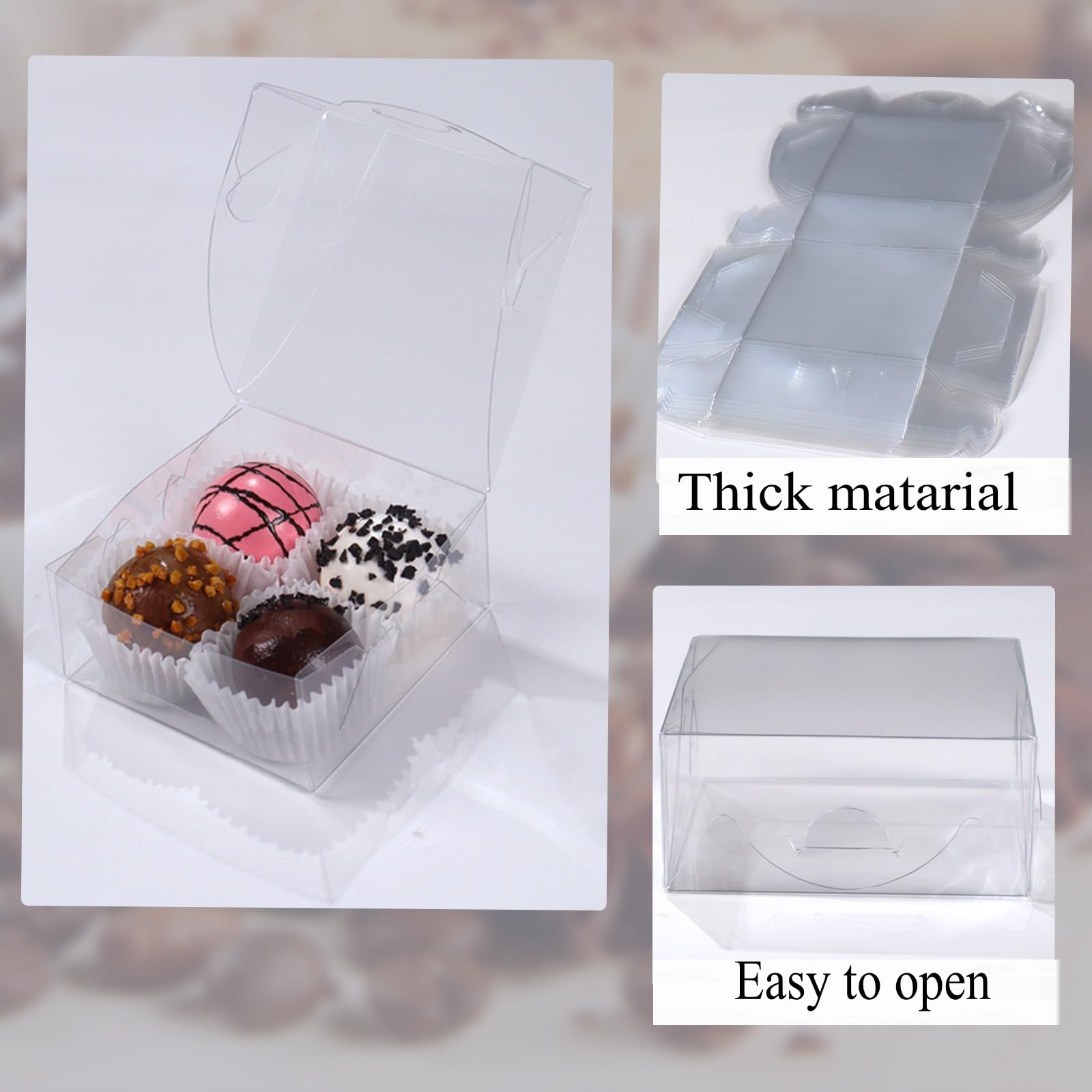 30 cajas transparentes de caramelo caseras de 3¼ x 3¼ x 1½ pulgadas, cajas de galletas, cajas de jabón, cajas de trufa de chocolate para 5, cajas de macarrón, cajas de cerezas cubiertas de chocolate,