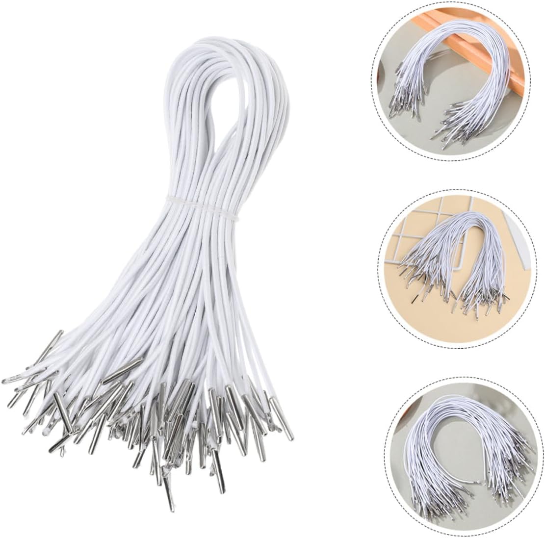 TIDTALEO 200pcs Soft Stretch Elastic Cords with Metal Ends Round Drawstring Cord for Mask Making Craft Projects Bookbinding DIY Party Accessories White