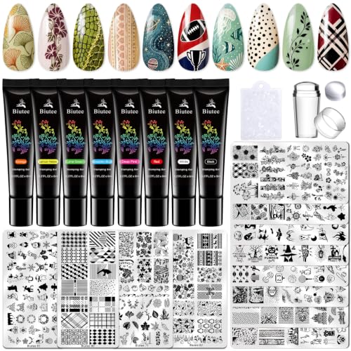 Biutee Nail Stamping Kit 12Pcs Stamping Plates 8 Colors Gel Stamping Polish