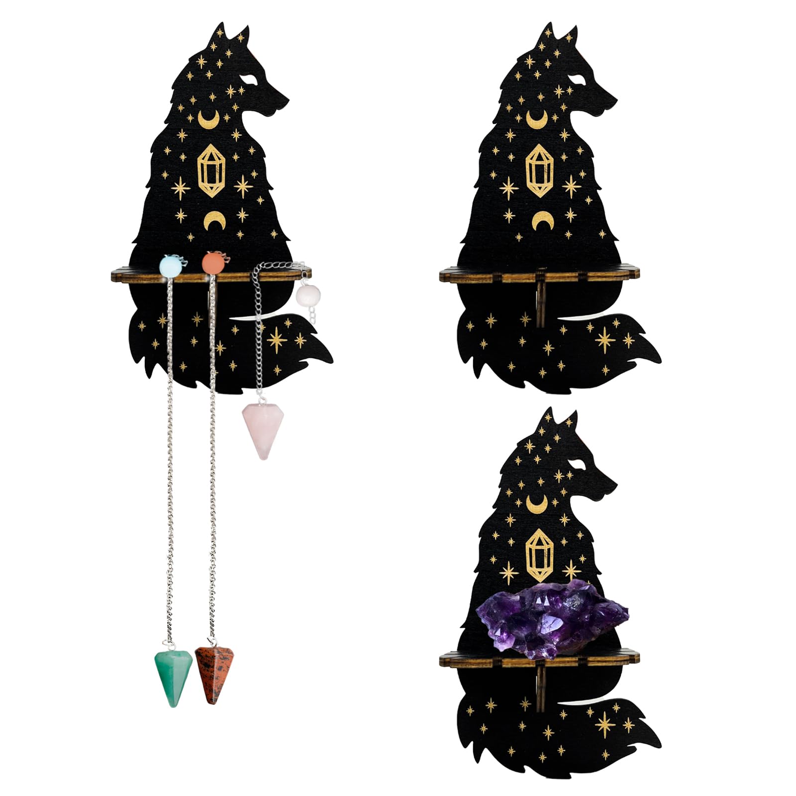 AOCEAN Rustic Wooden Crystal Shelf - Wall Mounted Display Shelf for Crystals Rocks and Gemstones - Decorative and Functional Organizer for Living Room Bathroom and Bedroom Décor (Wolf)