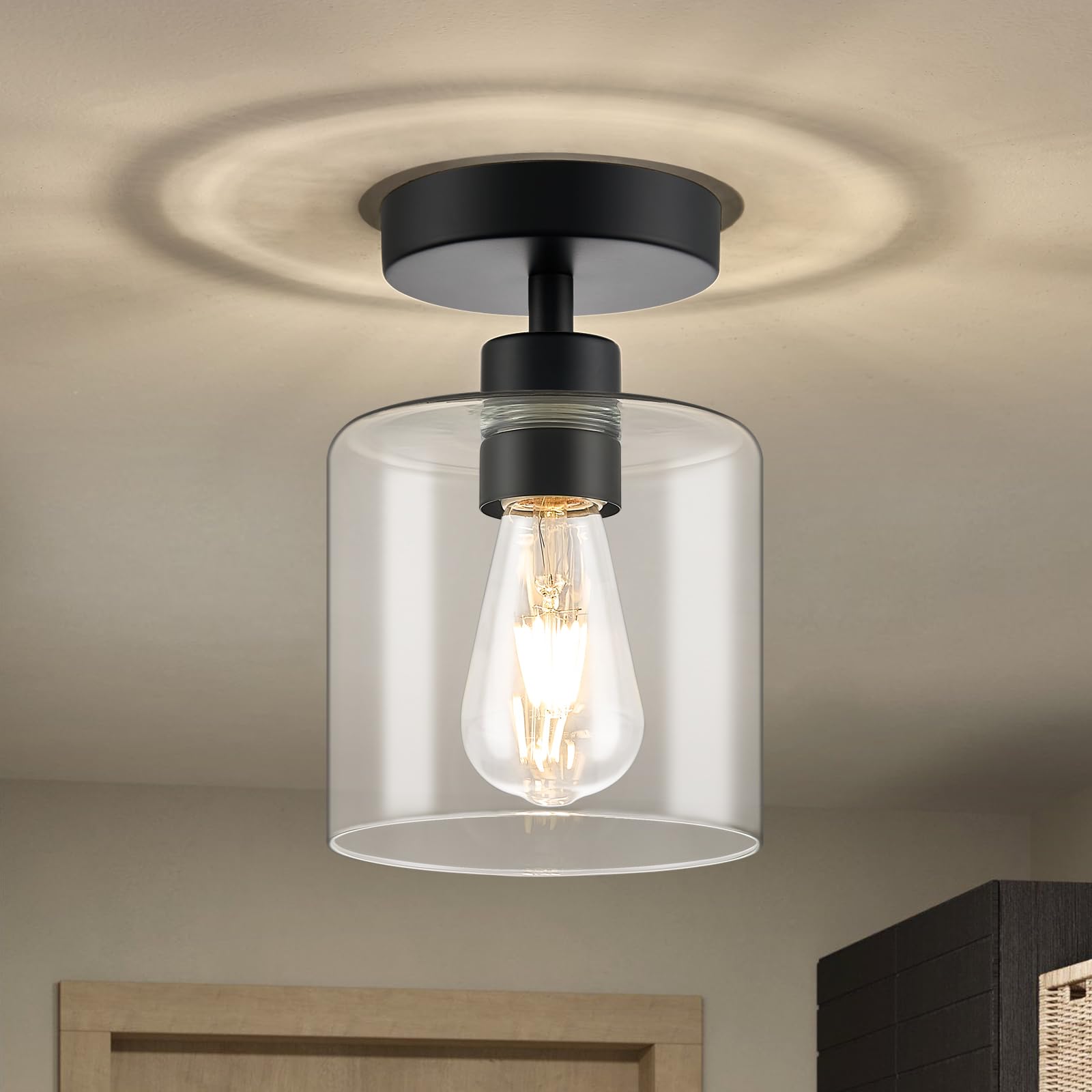 WOKNOS Industrial Clear Glass Semi Flush Mount Ceiling Lights,E27 Black Metal Base Ceiling Lamp,Light Fittings Ceilings for Kitchen,Hallway,Bedroom,Living Room,Landing,Porch