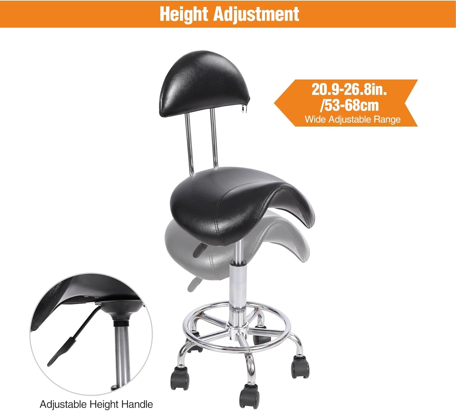 Saddle Chair with Back Support, 360° Swivel Adjustable Height Ergonomic Saddle Stool with Wheels for Tattoo Artist Dentist Home Office Use, Black
