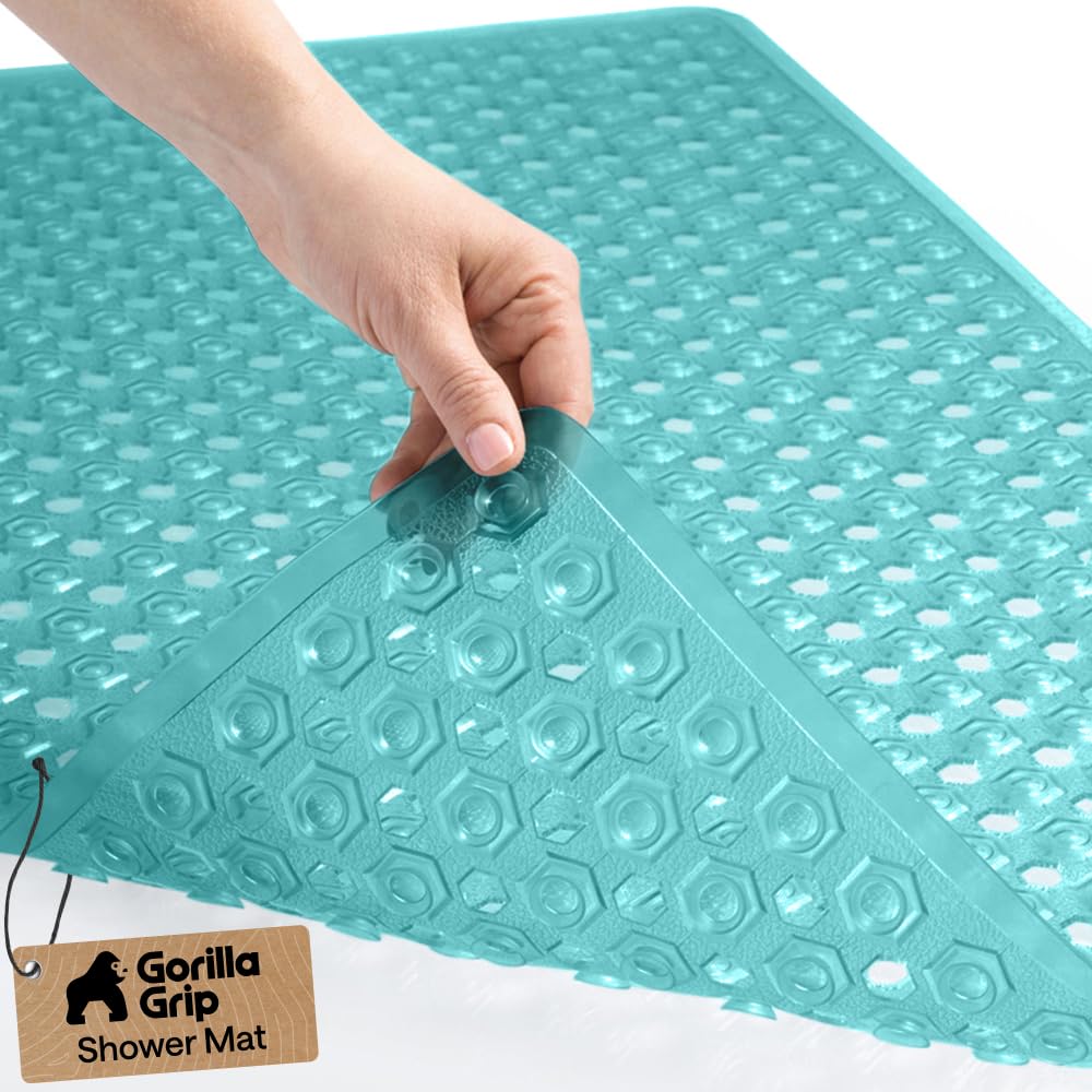 GORILLA GRIP Patented Bath Tub Shower Mat, Machine Washable Bathtub Floor Liner Mats, Suction Cups and Drain Holes to Keep Tubs Clean, Soft on Feet, Bathroom Essentials, 35x16 Inch, Clear Turquoise