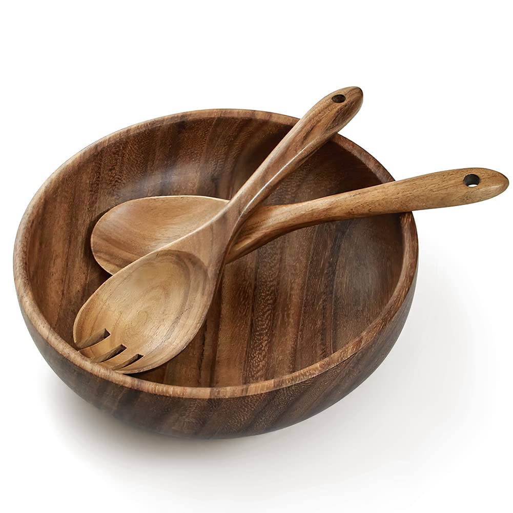 Ensaladera de madera, ensaladera de madera de acacia con pinzas para ensalada, 9.3 x 2.8 pulgadas, redondo para servir frutas, cereales, pasta, juego de 3