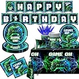Video Game Birthday Party Supplies,142pcs Neon Video Gaming Plates and Napkins Tableware Set Plastic Tablecloth for Boy Gamer Party Supplies Birthday Decor