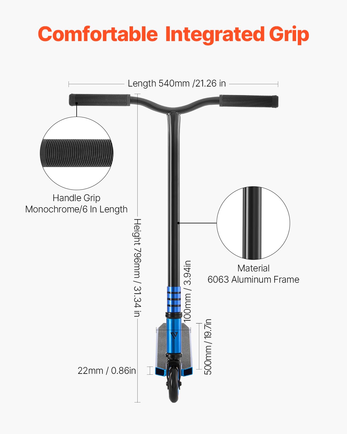 VEVOR Monopattino Acrobatico 674 x 540 x 796 mm Monopattino Completo per Bambini, Adolescenti e Adulti, Dotato di Ruote PU Silenziose da 100 mm Ponte in Alluminio Leggero a Doppio Strato