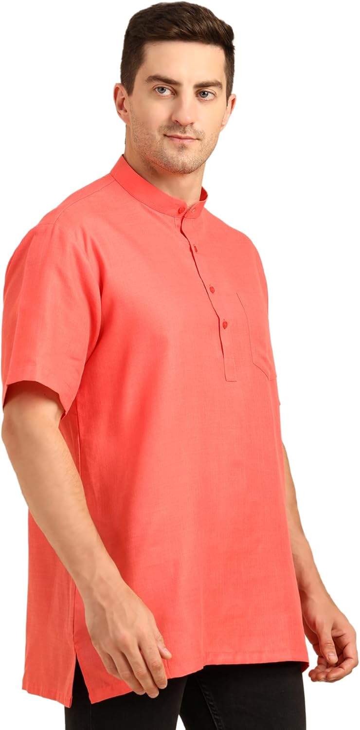 Men’s Poly Cotton Short Kurta Shirt Style | Half Sleeve Mandarin Collar Ethnic Kurta for Casual & Daily Wear