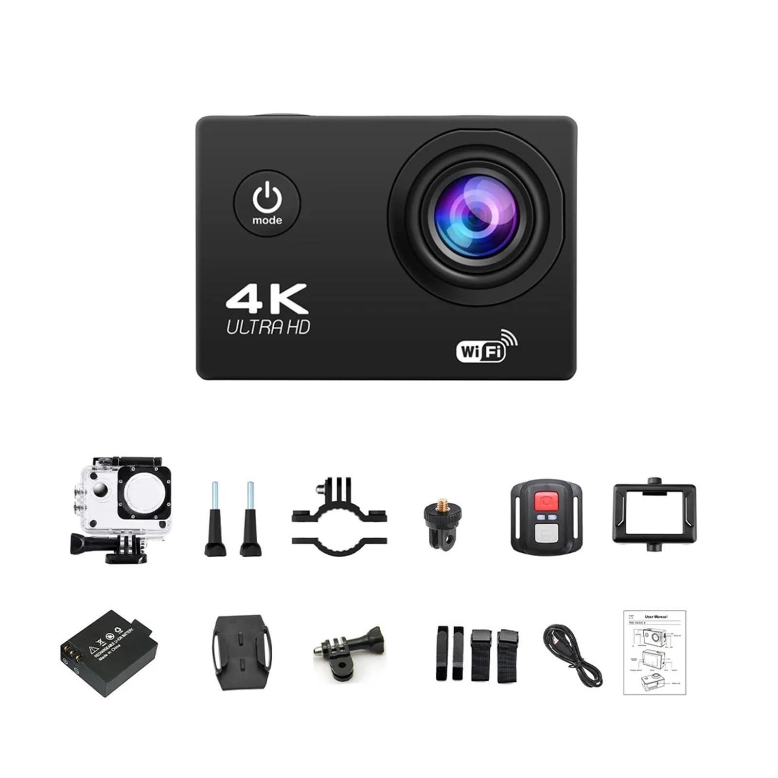 4K Action Camera WiFi 2.0 "Schermo 1080P/30FPS Macchina fotografica impermeabile Casco Videocamera for registrazione video Telecamere sportive Mini Cam esterna
