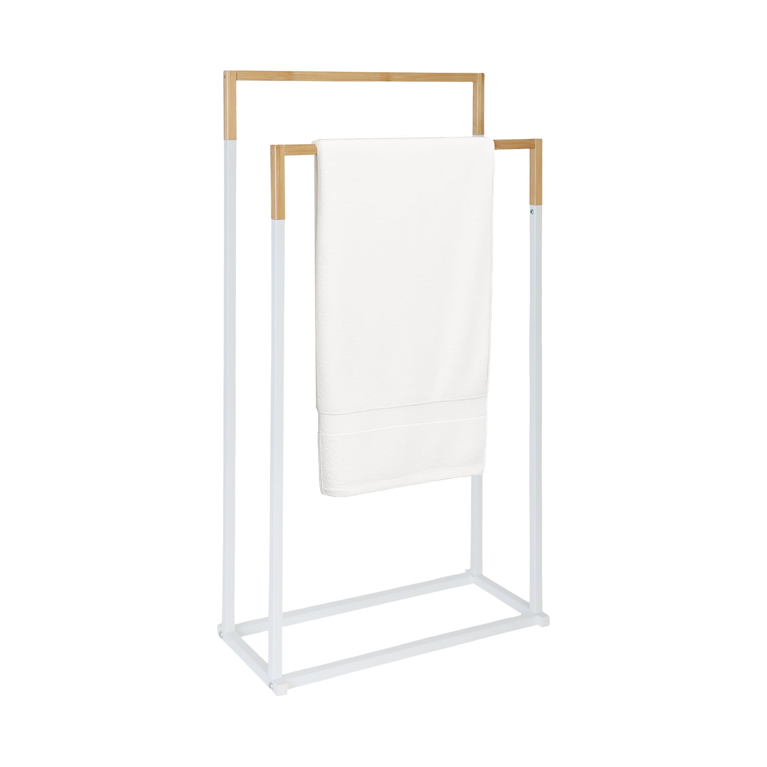 Relaxdays towel rack, HxWxD: 84.5 x 45 x 21 cm, metal, bamboo, 2 bars, standing towel rack, white/natural