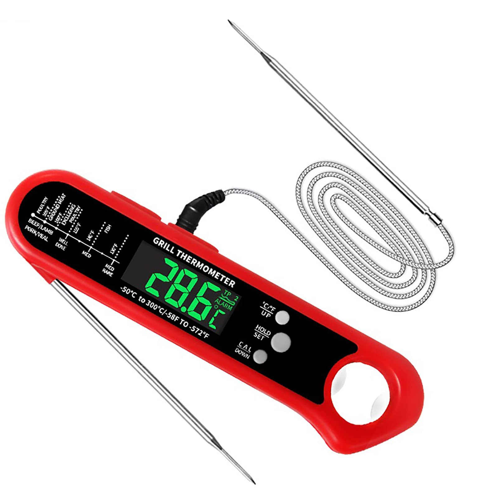 Fleischthermometer, sofort ablesbares Fleischthermometer mit Alarm- und Kalibrierungsfunktion, faltbares Grillthermometer mit Zwei Sonden, schnell genau, für Küche, Grillen im Freien
