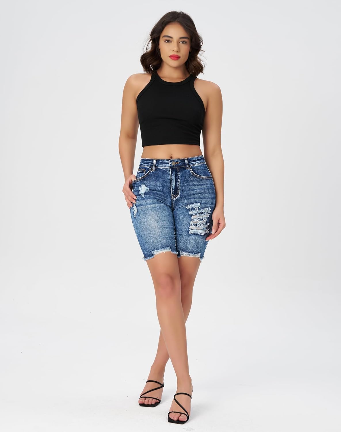 roswear Women's High Waisted Stretchy Denim Bermuda Shorts Ripped Casual Summer Jean Shorts - Image 7