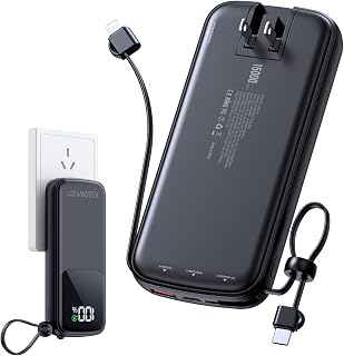 LOVELEDI 15000mAh Power Bank: PD 30W Fast Charging, Built-in AC Plug & 2 Cables, LED Display for iPhone, iPad & More (Black)